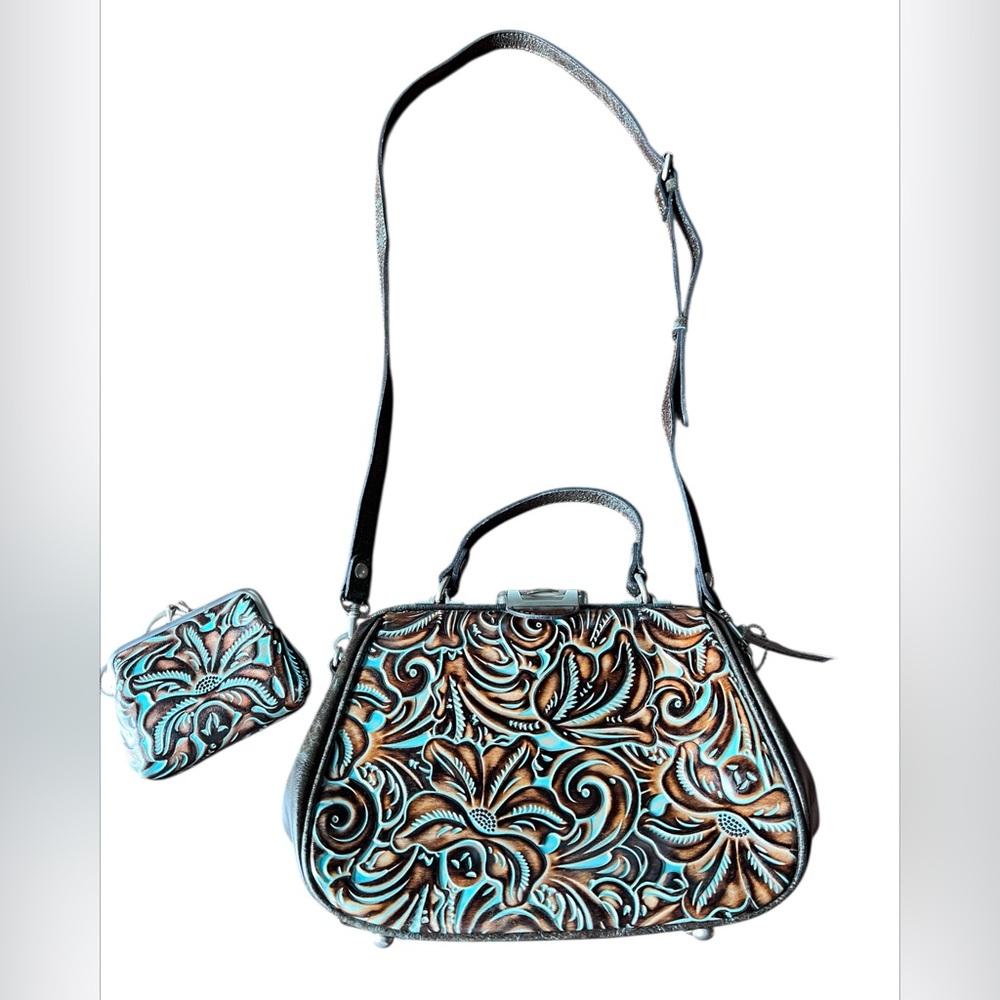 Patricia Nash Turquoise Framed Gracchi Tooled Burnt Leather Crossbody Set - Picture 10 of 16